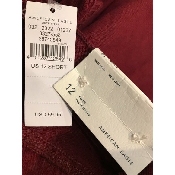 NWT AMERICAN EAGLE High Rise Mom Jean 12 SHORT Cranberry Ripped #428/756 - Picture 3 of 5